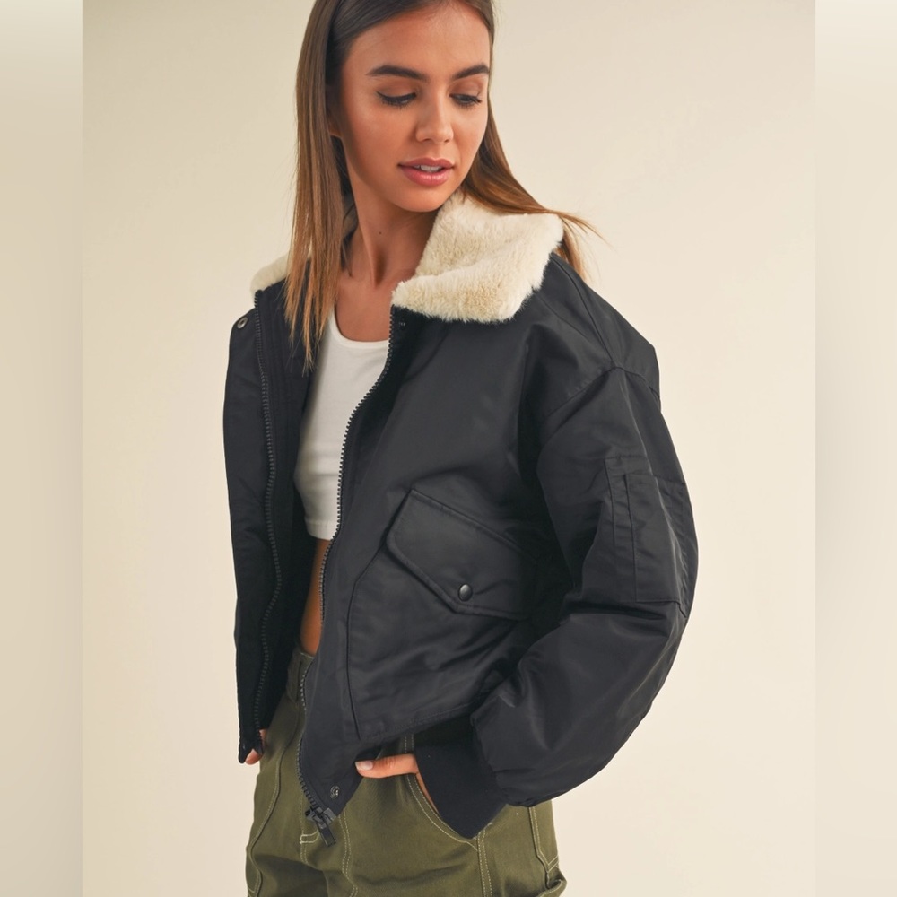 Fur Collared Bomber Jacket-Black - image 2